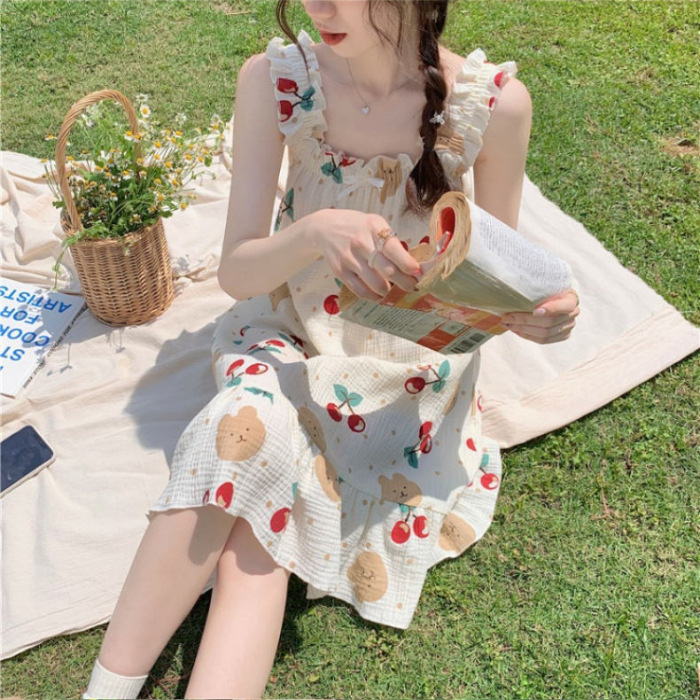 2024 verano pijama de manga corta de cabina de flores dulces espuma tejida tela arrugada pijama vestido de ropa de casa