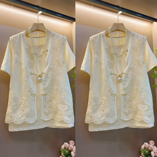 Summer New Large Size Round Neck Short-Sleeved Cardigan Sequin Embroidered Vest Suit Chinese Style Flesh-Covering Temperament Versatile Women's Clothing