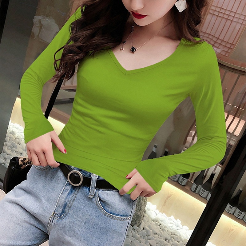春と秋の女性用Vネックボトリングシャツ、スタイリッシュな高品質の秋服、右肩スリム長袖ハートネックTシャツ、トレンディ|undefined