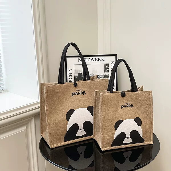 New Portable Linen Tote Bag, Cute Panda Retro Linen Shopping Bag, Travel Bag, Shoulder Bag