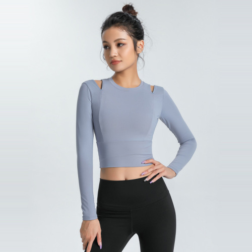 European and American navel-baring sports long-sleeved women's elastic slimming tights yoga clothes tops quick-drying T-shirts running fitness clothes