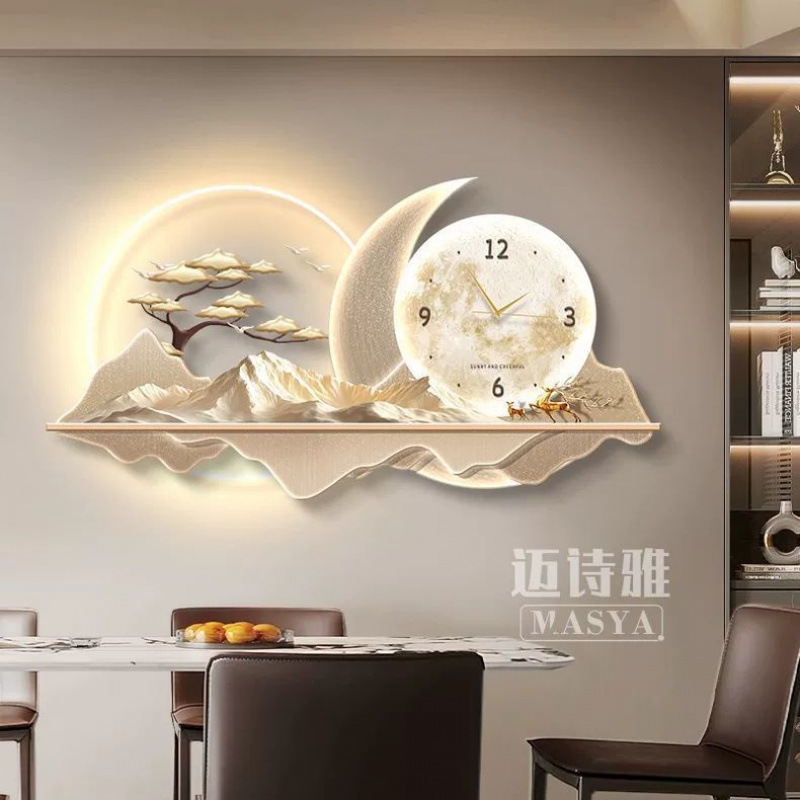 2025 nuevo estilo de pintura de decoración del restaurante reloj de lujo moderno reloj de pared de fondo de la sala de estar reloj creativo lámpara de pared pintura