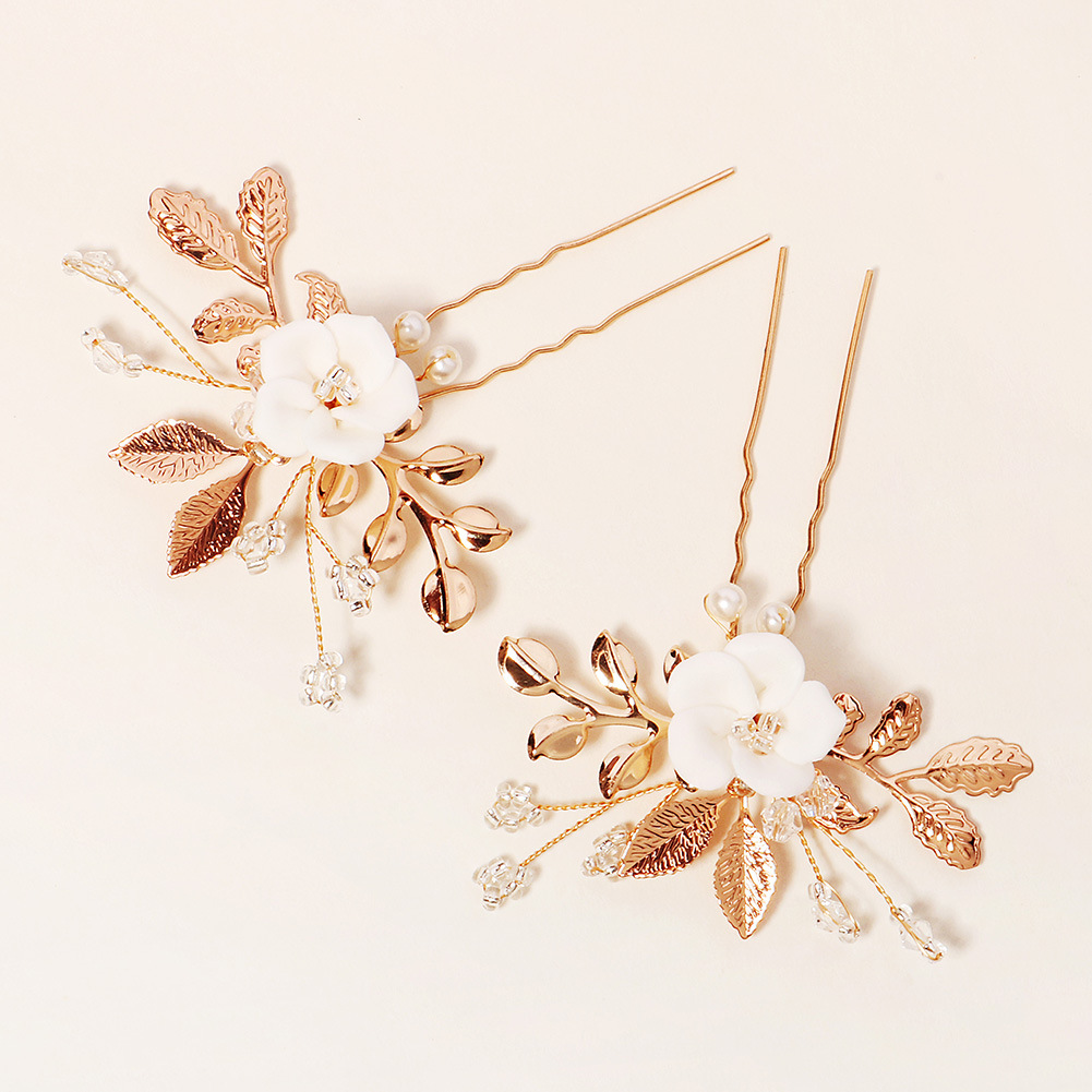 Housewarming, Anniversary, Business, Wedding, Travel, Birthday, Festival Occasion New Bridal Ornament Golden Leaf Pearl U-shaped Pin Ancient Style Han Chinese Clothing Updo Hair Accessories Ceramic Flower Hairpin