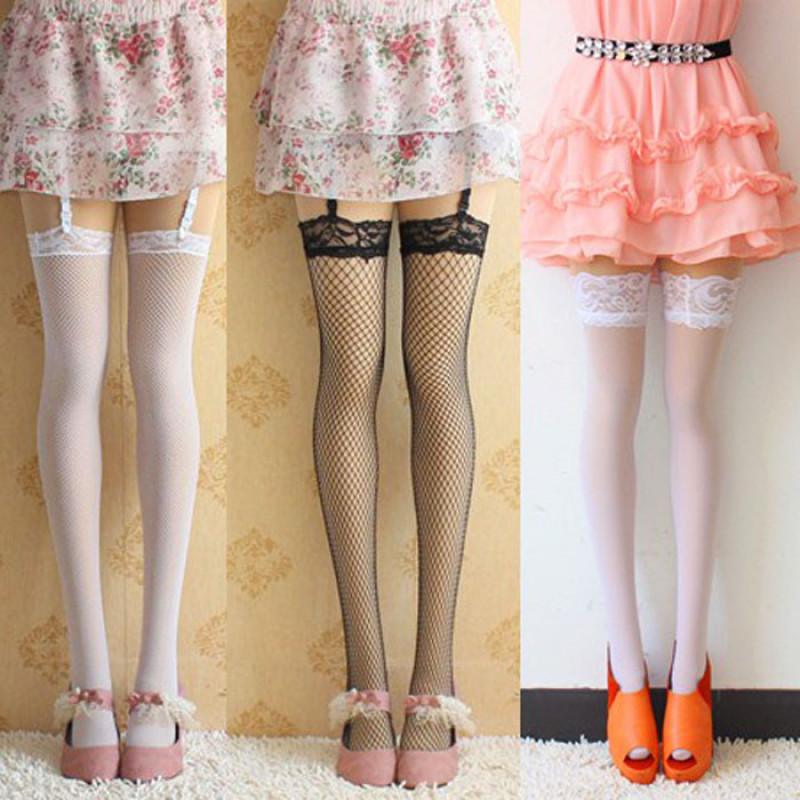 Lace-Trimmed Suspender Fishnet Stockings, Sexy Summer Over-The-Knee Small Mesh High Tube Socks, Transparent Women's Summer Pantyhose