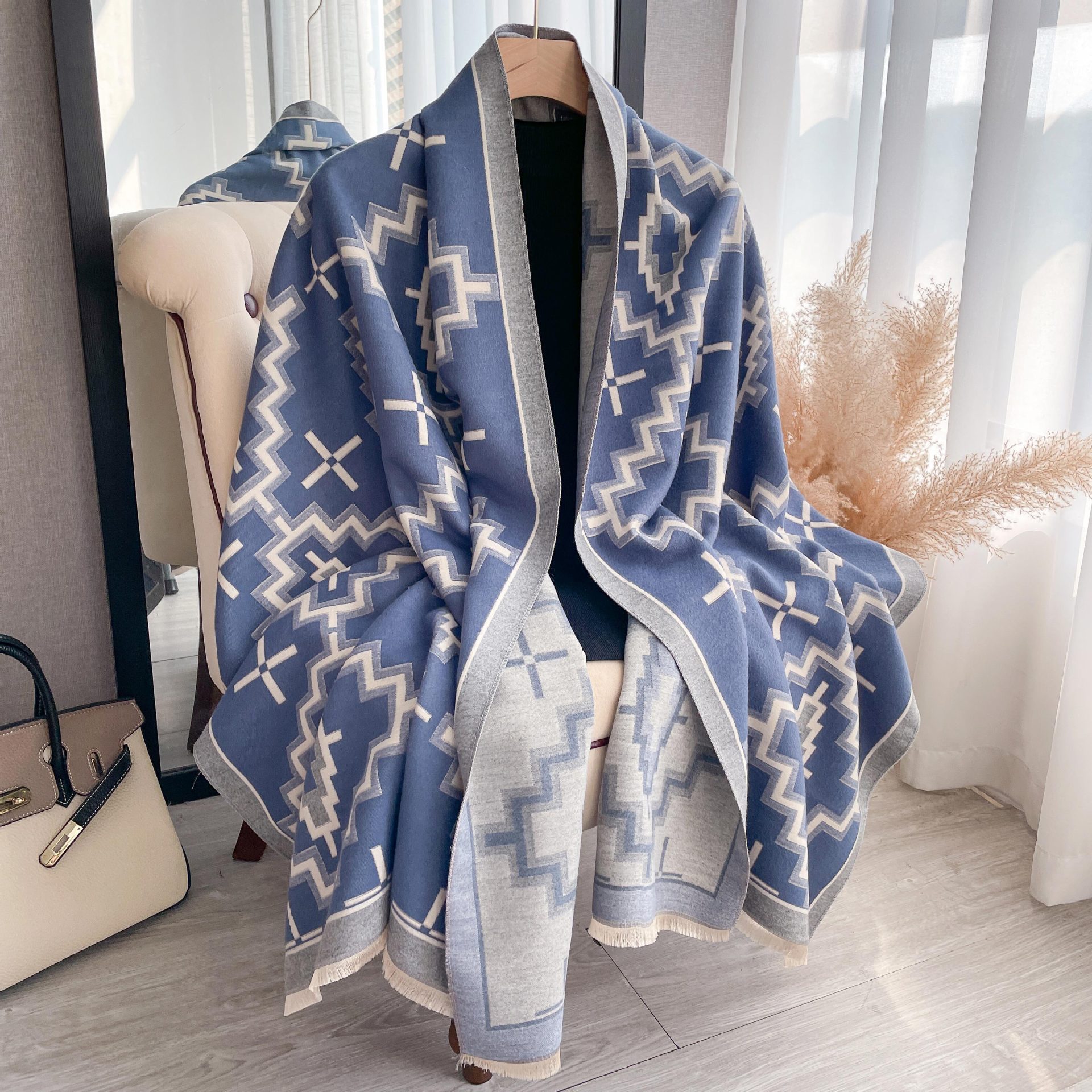 Nuevo estilo cachemir-como estilo coreano grueso cálido chal Retro color a juego geométrico diamante patrón bufanda para las mujeres Otoño e Invierno