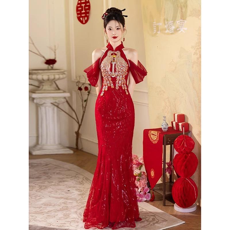 New Chinese Style Cheongsam Toast Dress for Bride 2025 New Red Fishtail High-End Wedding Engagement Dress Skirt for Women Summer