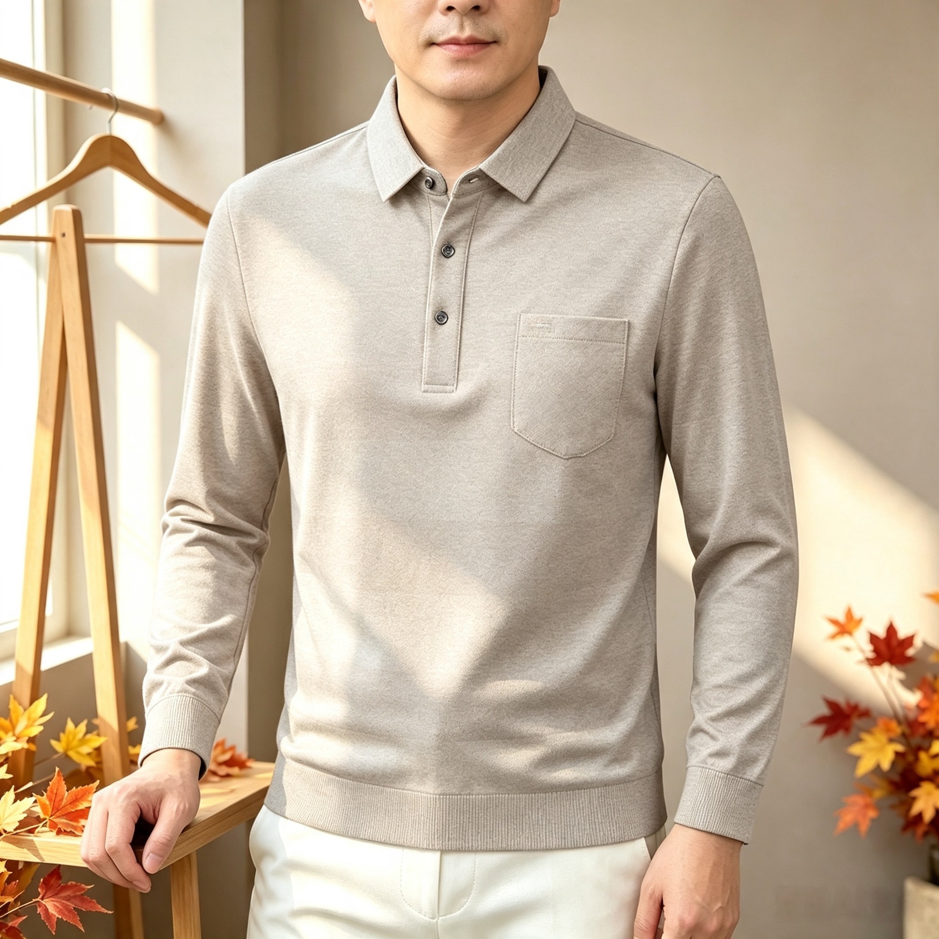 Fashionable and simple long-sleeved T-shirt for middle-aged and young men, made with sheep wool and mulberry silk, new style for spring and autumn 2026, versatile base layer.