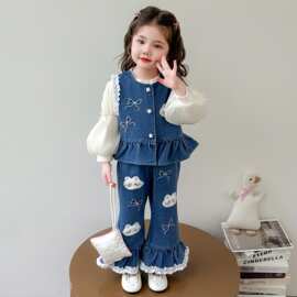 女小童牛仔套装秋季2025新款儿童洋气时髦秋装女宝宝打底衫三件套