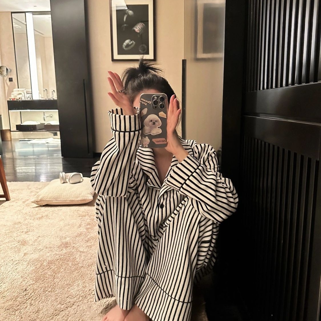 ストライプパジャマ女性春秋新長袖長ズボンins日系カジュアルシンプル学生ルームウェア