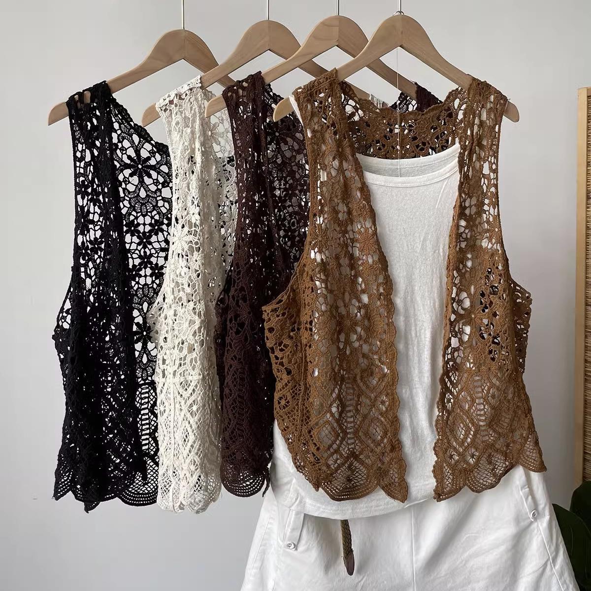 Solid color loose cardigan V-neck hollow vest women's summer stacked vest cardigan lace hollow coat top summer