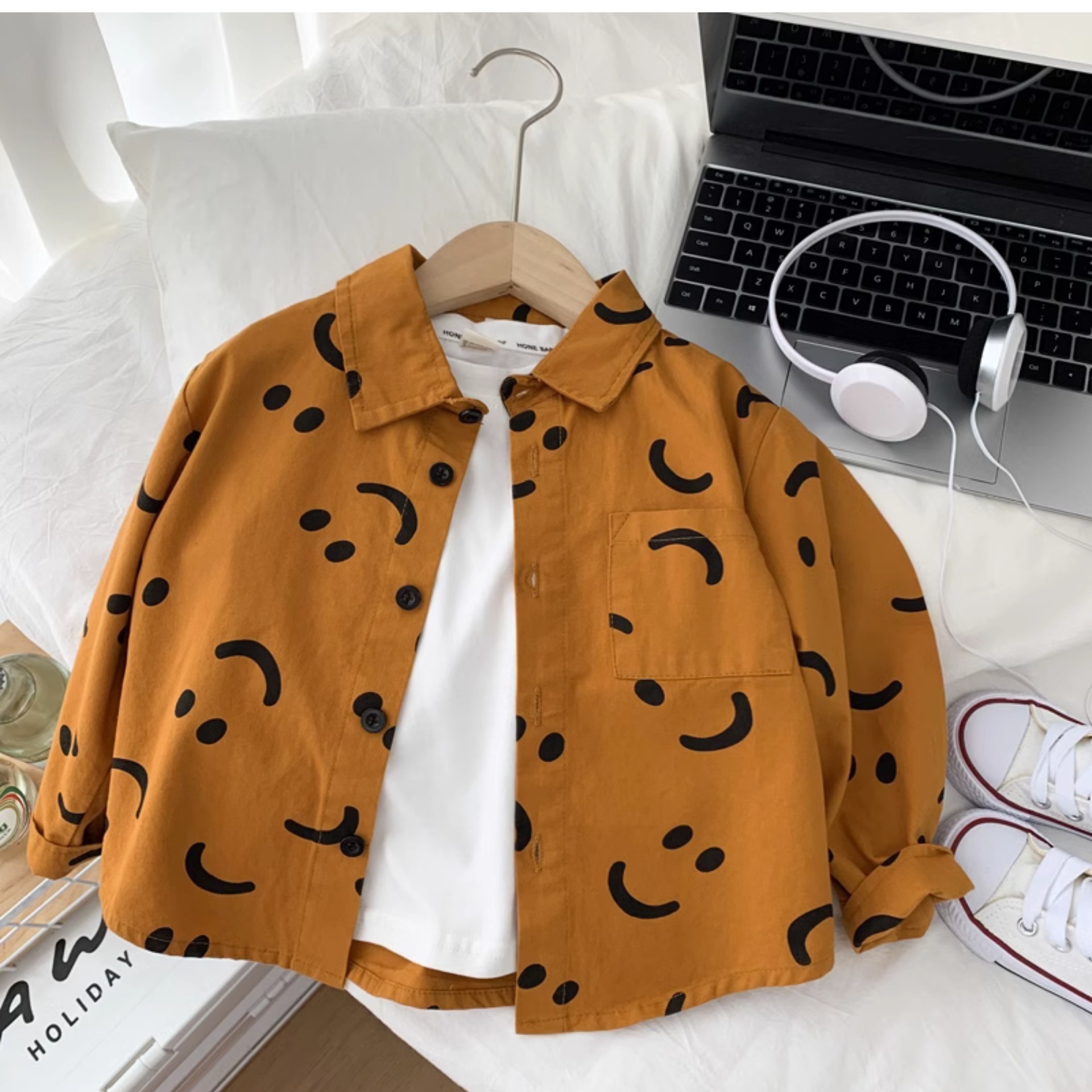 Nuevas camisas de manga larga para niños tendencia sonriente camisa de primavera y otoño para niños guapo camisa de algodón