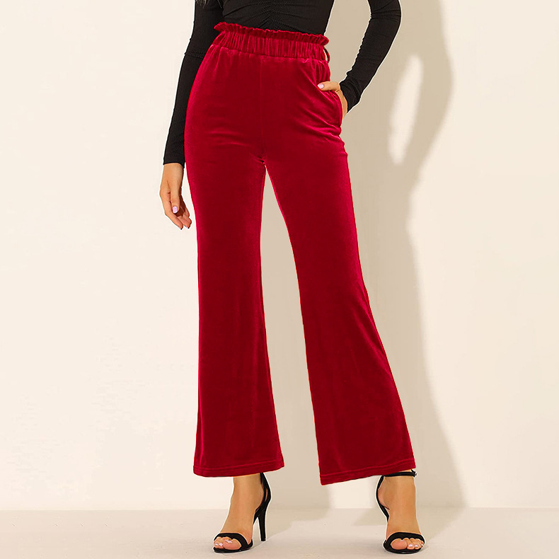 Solid Color High-Waist Lace-Up Elastic Trousers NSLZ104459