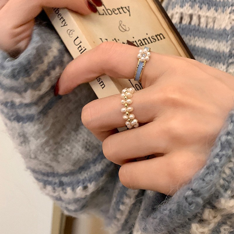 Anillo de circonita de perlas de viento ins, nicho femenino, sentido de alta gama, simple y ligero, anillo de novia de lujo, anillo de apertura de temperamento al por mayor