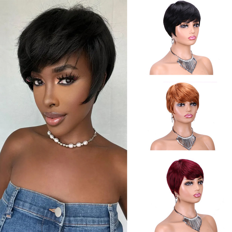 Pixie Cut Wigs real Human Hair African wig straight Hair short mechanical head wrap Human Hair in stock