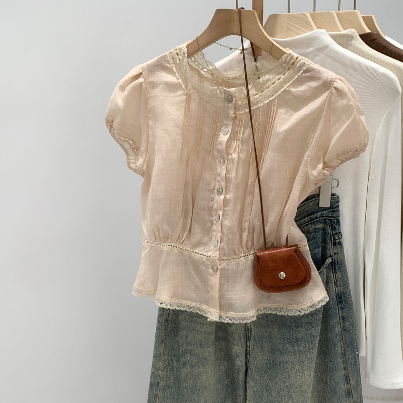 French-Style Gentle Lace Patchwork Short-Sleeve Shirt for Women, Summer 2026 New Model, Lyocell Tencel Ramie Short Top