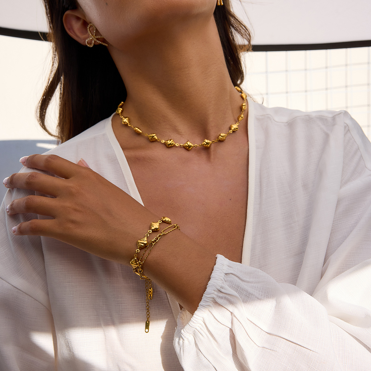Wanxing estilo europeo y americano transfronterizo pulsera de clip de acero inoxidable no chapado en oro collar de concha de acero de titanio conjunto de joyería femenina