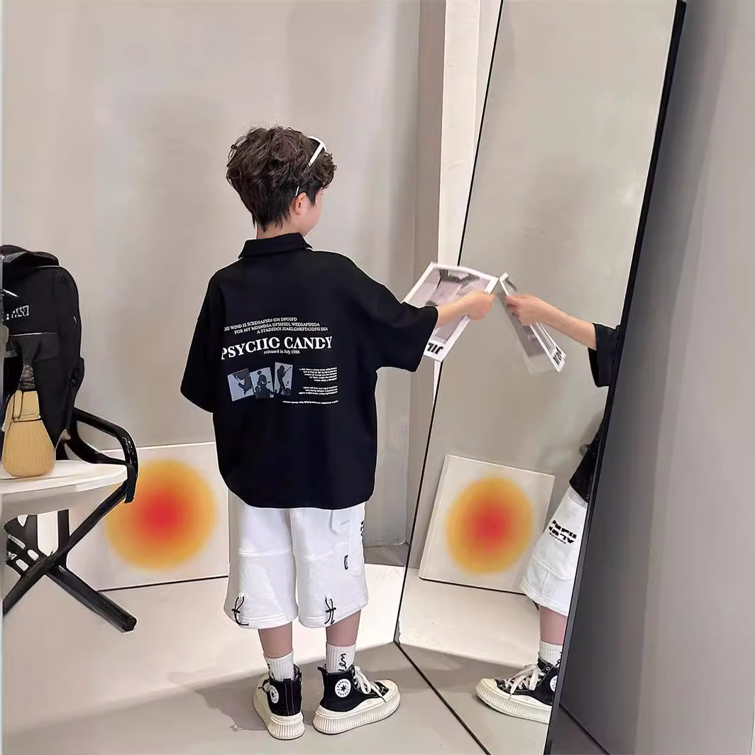 Children's short-sleeved T-shirts and polo shirts for boys, summer 2024 new style, summer style for medium and large children, pure cotton tops, trendy.