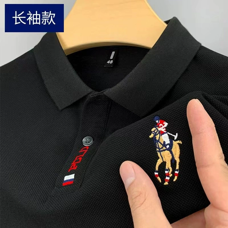 Осень 2023 новая мужская футболка с длинными рукавами рубашка-поло с вышивкой на лацканах Внешняя торговля Оригинальный заказ футболки с длинными рукавами для молодых и средних лет