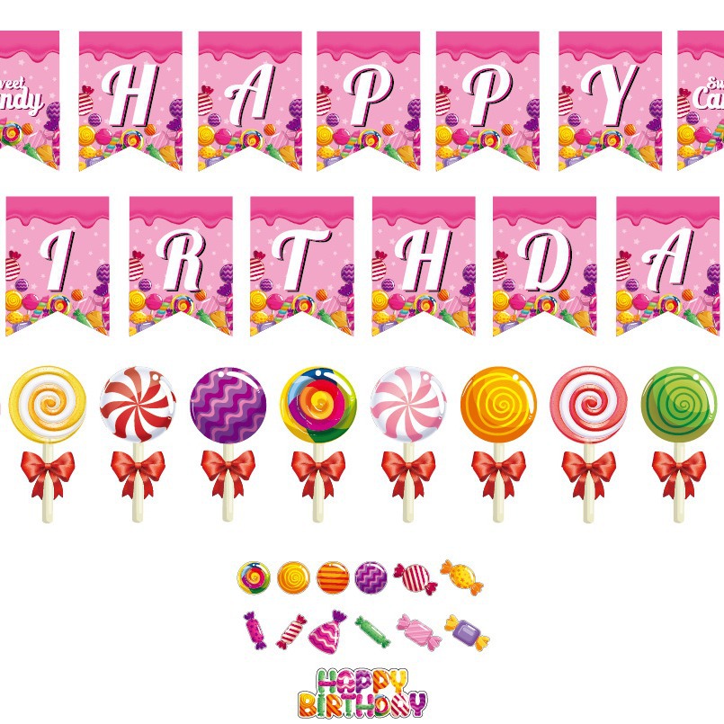 GTZ-segunda bandera de tirón de caramelo 1 Decoración de cumpleaños Bandera de tirón 1 elemento de piruleta 1 Bandera de piruleta 1 huevo grande