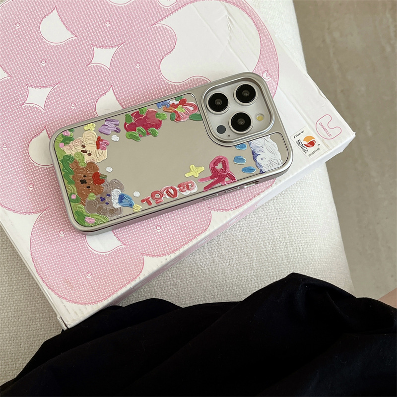 Girl ins espejo pintura al óleo oso para iPhone14 funda para teléfono móvil 15ProMax Apple 12/13 nuevo 15