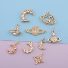 高保色14k金色镶锆双吊月亮星球吊坠月球滴溜迷你挂件diy饰品配件