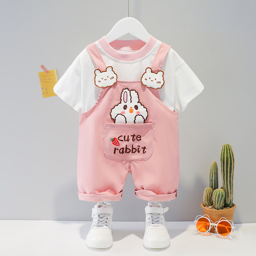 Foreign trade cotton children's clothing for boys and girls, summer cartoon short-sleeved overalls two-piece set for girls and boys, trendy summer suit