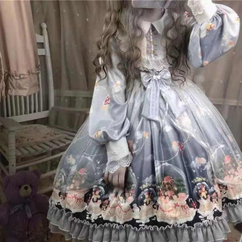 Деми‑сезонная юбка принцессы в стиле Lolita, полный набор, принт «серый стеклянный шар», размеры S–L