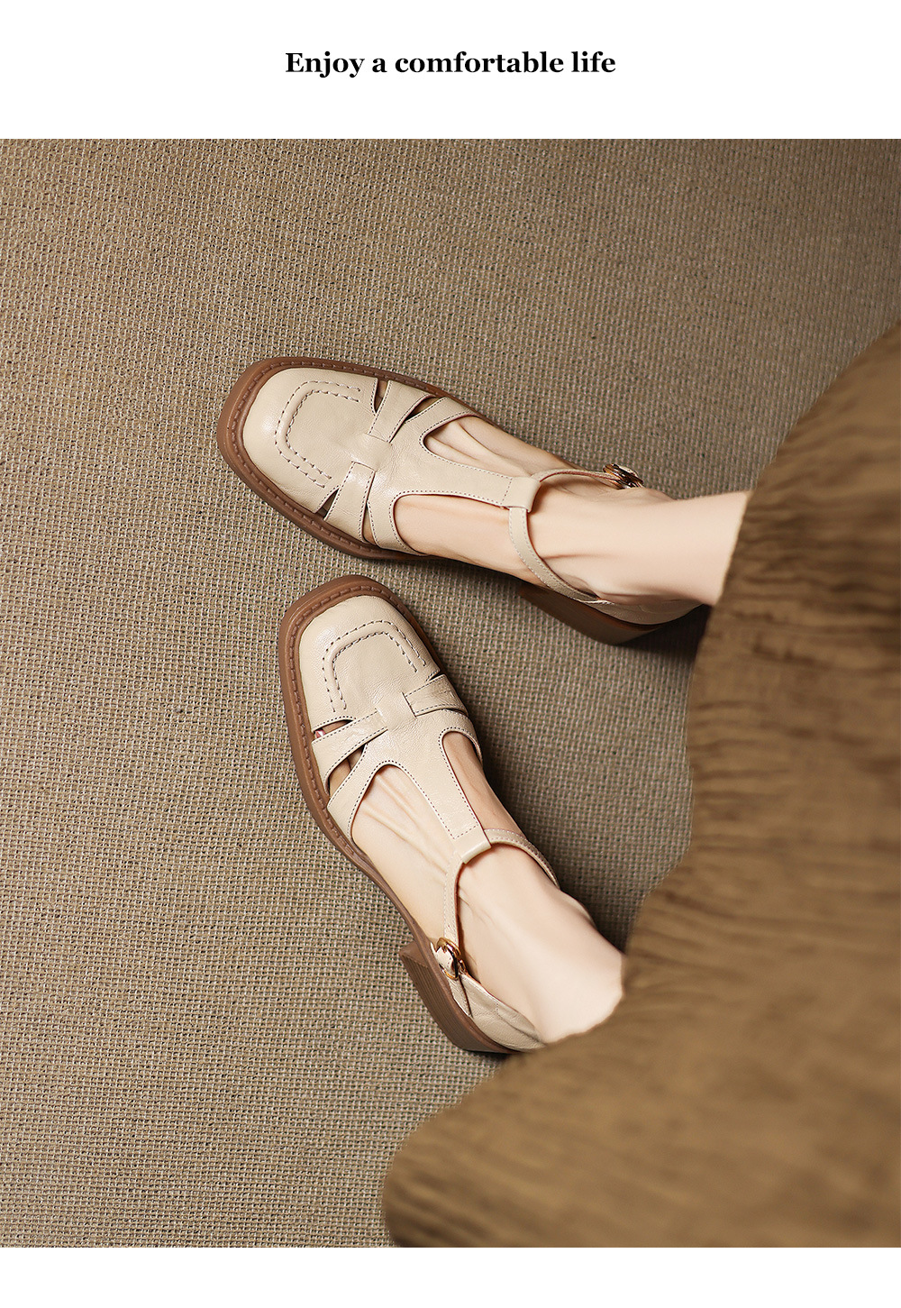 Sandal nữ quai hậu da thật dệt kiểu retro, gót dày, mũi nhọn, đế mềm — Màu trắng nhạt chi tiết 10