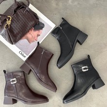 粗跟短靴女鞋冬季新款真皮马丁靴切尔西靴子6008B加绒