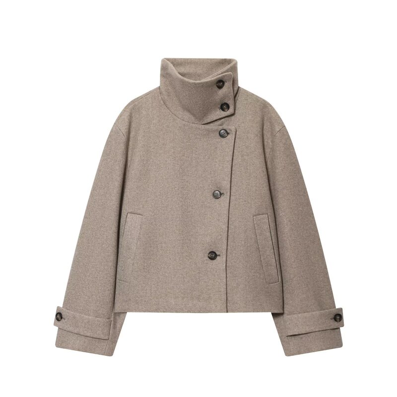European and American Style Loose Casual Elegant Simple Long-Sleeved Buttoned Stand-Up Collar Woolen Jacket 6318293