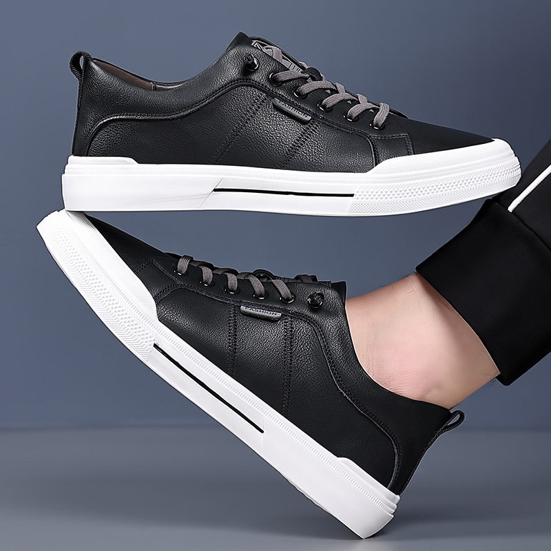 Giày da nam kiểu sneaker cổ thấp dây buộc co giãn, đế cao 1-3 cm — Màu trắng, Màu đen