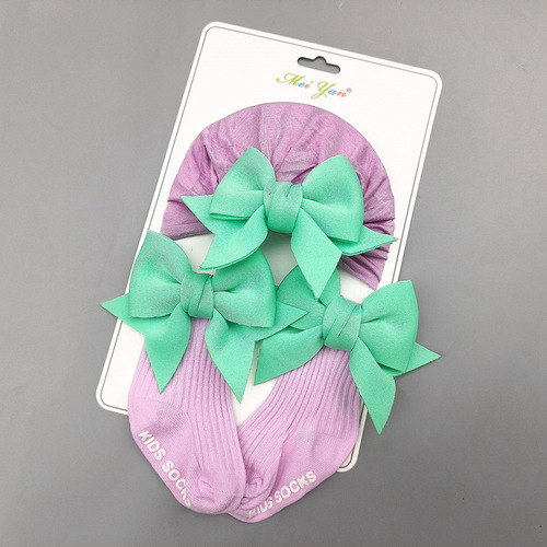 New spring and autumn solid color swallowtail European and American baby socks bow princess cute baby socks hat set