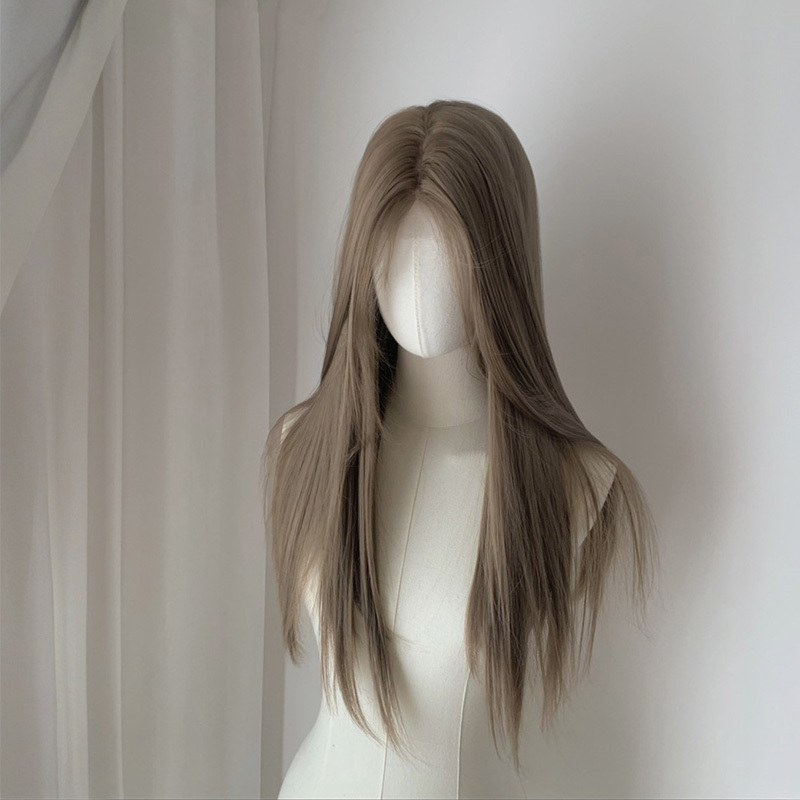 【Mixed-Race Baby】Full Head Wig with Lace Front, Layered Long Straight Hair, Hazelnut Gray-Brown, Middle Part Straight Hair Wig