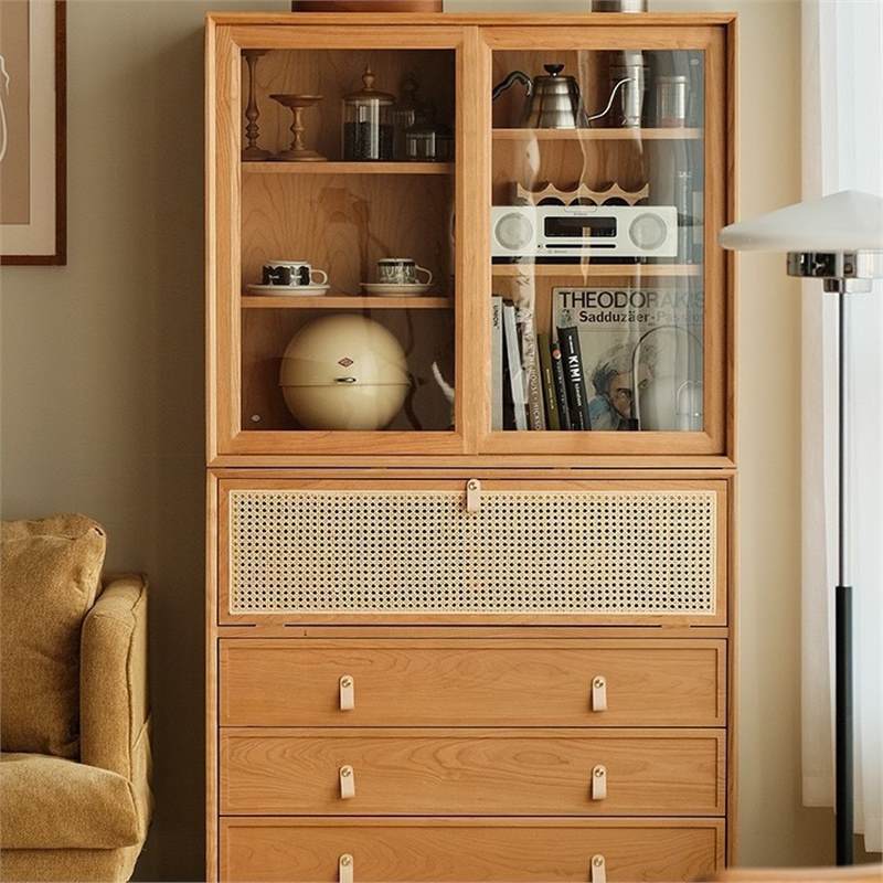 Japanese-Style Solid Wood Combination Bookcase Cherry Wood Storage Cabinet Sliding Door Sideboard Modern Minimalist Storage Cabinet Natural Wood Japanese-Style Solid Wood Combination Bookcase Cherry Wood Storage Cabinet Sliding Door Sideboard Modern Minimalist Storage Cabinet Natural Wood