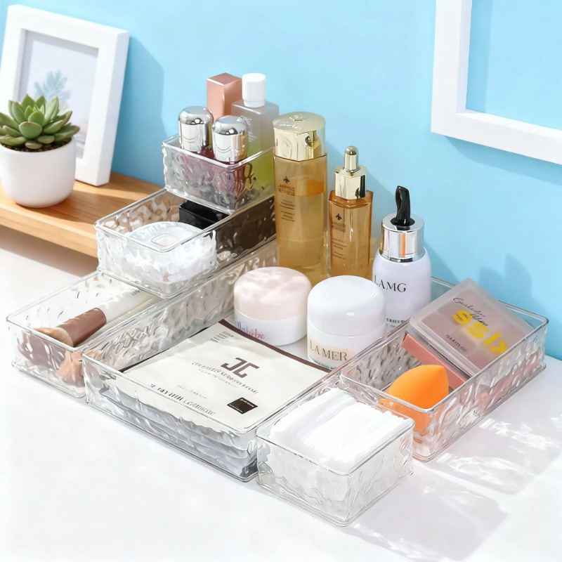 Desktop Storage Box with Water Ripple Pattern, Transparent Acrylic Organizer Box for Kitchen, Cosmetics, Stationery, and Built-In Drawer Compartment