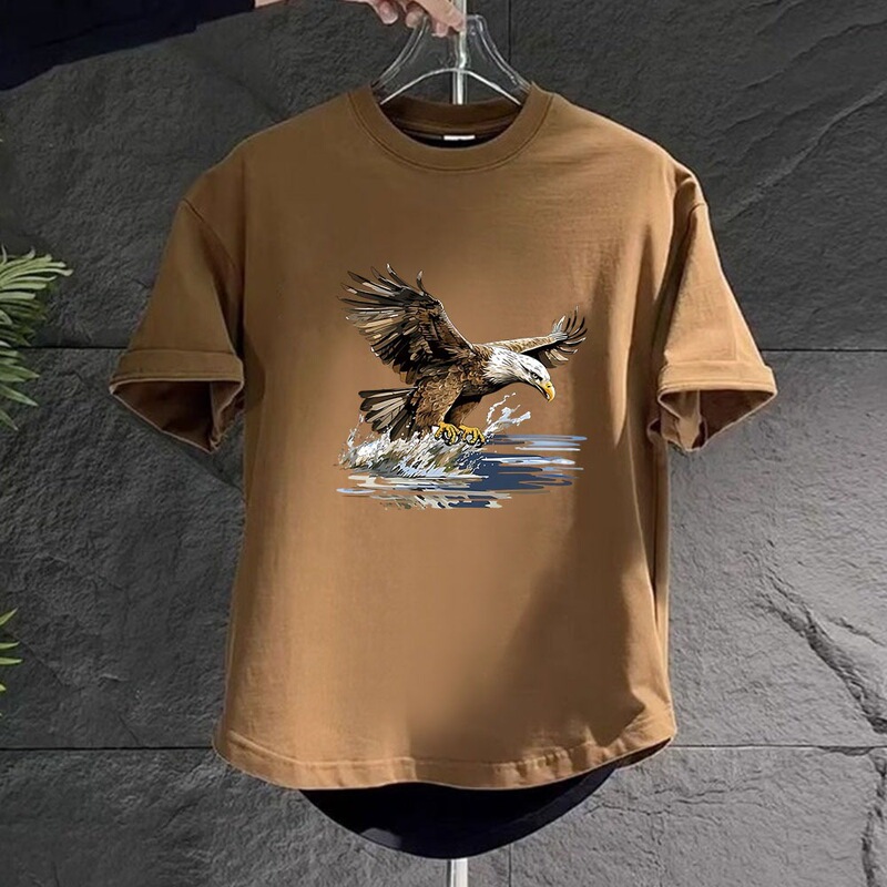 Summer New Curved Half-Sleeve T-Shirt for Men, Trendy Swallowtail Short-Sleeve Slim Fit Stylish Cotton Eagle Pattern Top