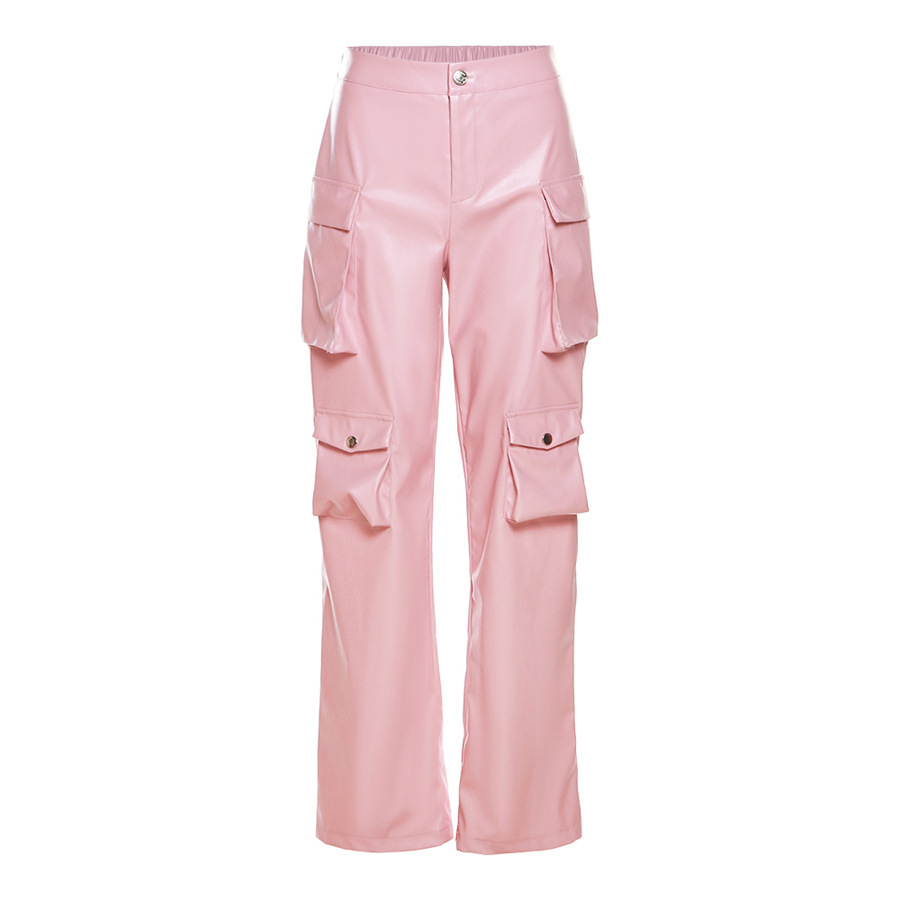 Pantalones Cargo Rectos de Cuero Sintético PU de Tiro Alto con Bolsillos