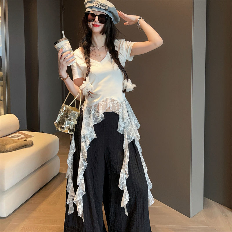 Pure Desire Style Hot Girl V-Neck Short Sleeve T-Shirt for Women, New Summer Design with Lace Patchwork, Short Elegant Base Shirt Pure Desire Style Hot Girl V-Neck Short Sleeve T-Shirt for Women, New Summer Design with Lace Patchwork, Short Elegant Base Shirt
