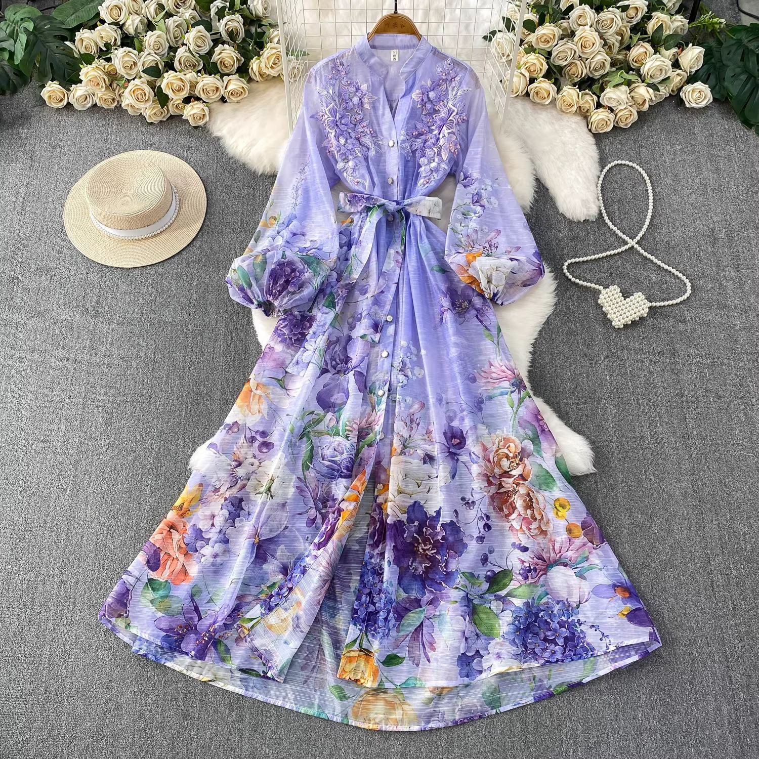 Elegant Floral Embroidered Maxi Dress With Button Front And Tie_voghion.com