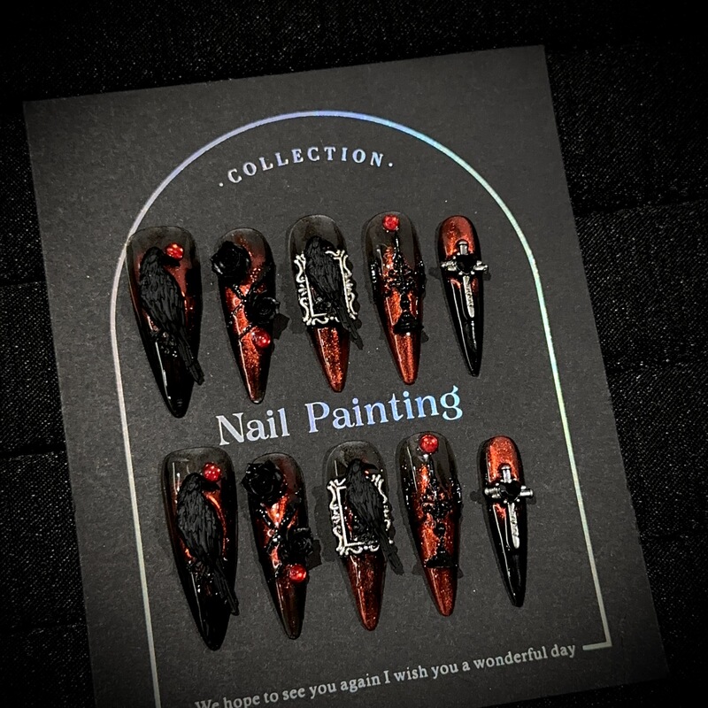 Handmade Halloween burgundy cat-eye nail art pieces, European and American dark style crow and rose fake nail stickers Handmade Halloween burgundy cat-eye nail art pieces, European and American dark style crow and rose fake nail stickers