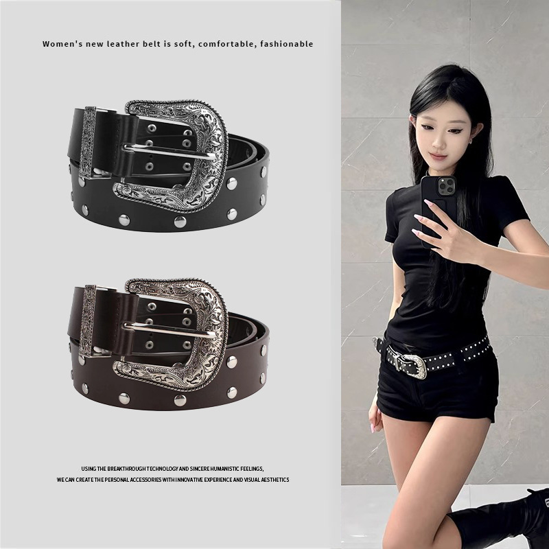 Y2K Retro Versatile Women's Belt New Sexy Carved Rivet Pin Buckle Fashion Belt Female Manufacturer Wholesale