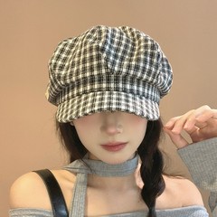 新款时尚洋气网红格子鸭舌贝雷帽子女软妹可爱画家帽动物八角帽女