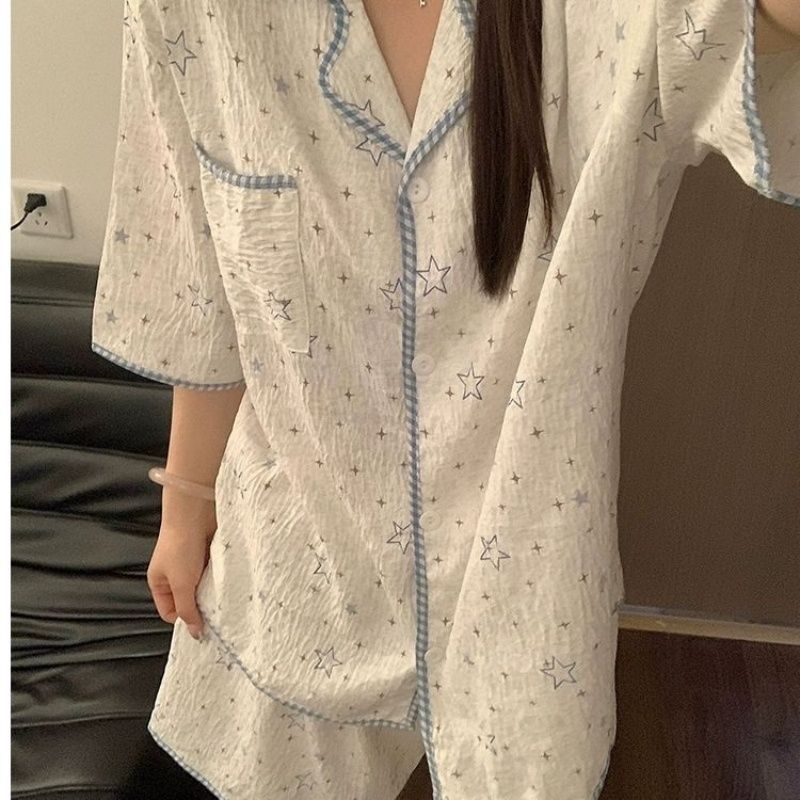 Al por mayor transfronterizo nueva nube de algodón crescente perro manga corta pantalones cortos pijama conjunto de mujeres de verano dulce cardigan ropa para el hogar