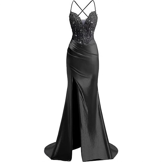 Cross-Border Evening Dress, French-Style Spaghetti Strap, Slim Fit, Side Slit Design, Elegant and Dignified Prom Dress, Aliexpress Performance Costume