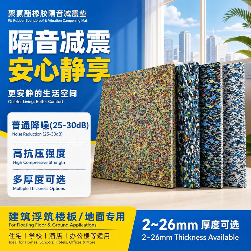 Polyurethane rubber soundproofing and shock-absorbing pads are used for building floating floor slabs and for cement padding in residential, school, and hotel applications Polyurethane rubber soundproofing and shock-absorbing pads are used for building floating floor slabs and for cement padding in residential, school, and hotel applications