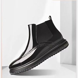 Autumn and Winter Chelsea boots men's high-top leather shoes thick-soled cowhide British bright leather business mid-top leather boots fleece-lined