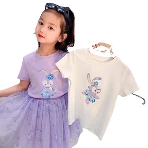 Girls 2024 style suit, stylish starry cartoon summer cotton t-shirt, mesh princess style skirt, two-piece trendy set