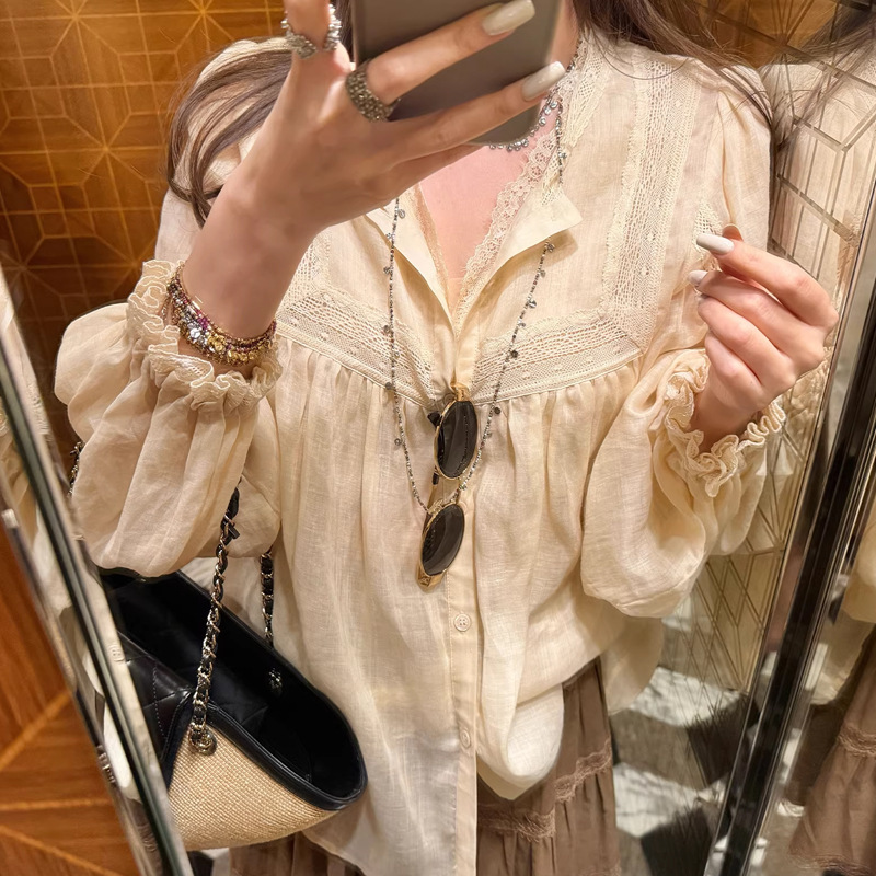 In-Stock Ramie Heavy-Duty Accordion Pleated Lace Patchwork Sun-Protective Long-Sleeve Shirt Casual Court-Style Top