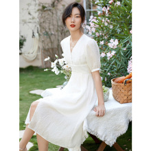 重磅提花真丝连衣裙2025新款女高腰显瘦桑蚕丝白色长裙夏超仙度假