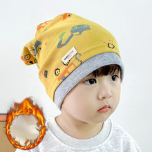 冬季新款加绒儿童堆堆帽双层撞色保暖防风纯棉帽子宝宝护耳套头帽